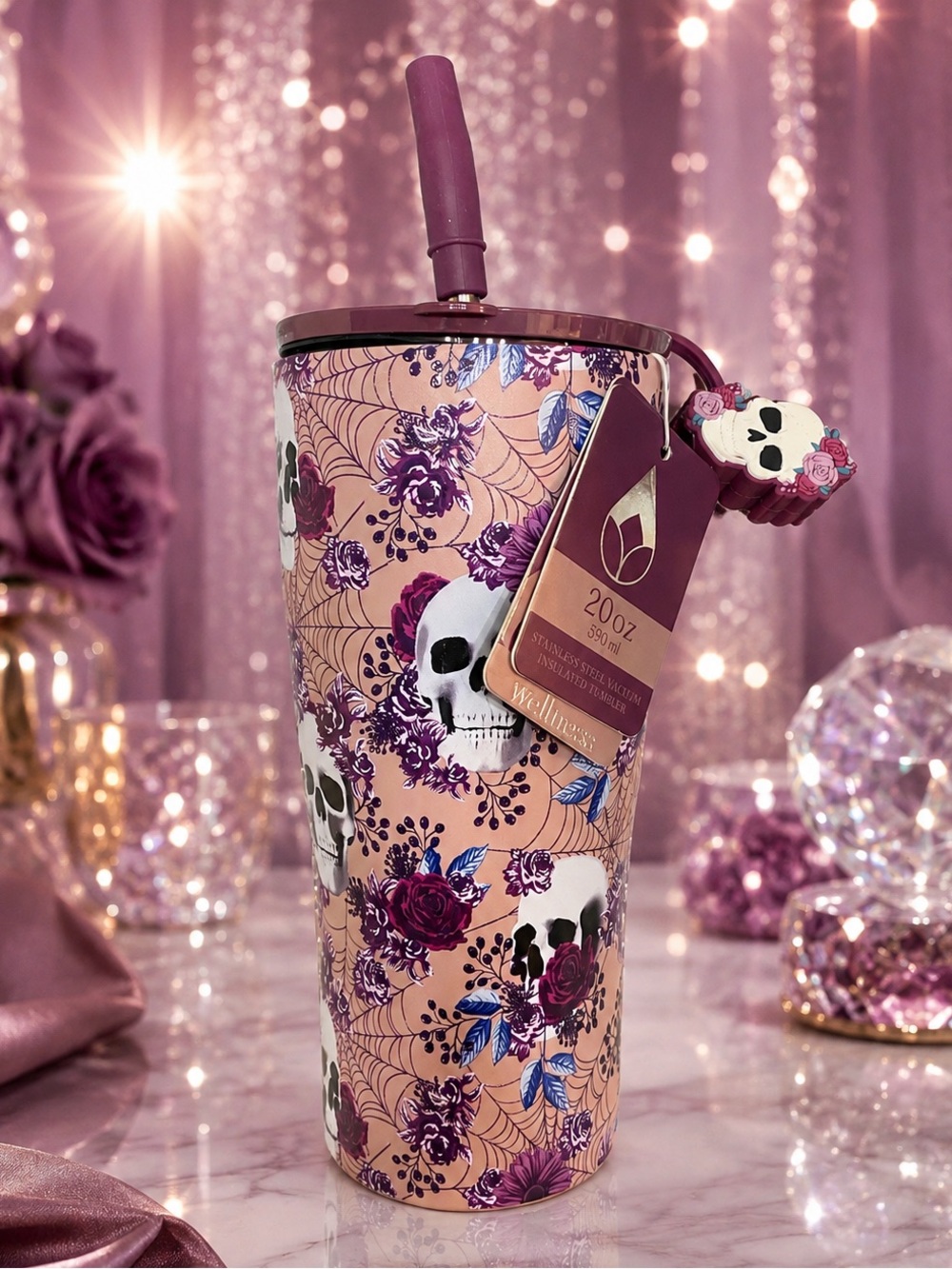 Stainless Steel 20oz Pink Floral Skull Tumbler with Straw